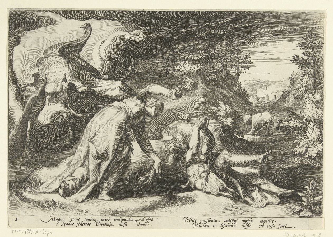 Juno transforma Callisto em um urso Metamorfoses de Ovídio (título da série) de Hendrick Goltzius (workshop of)