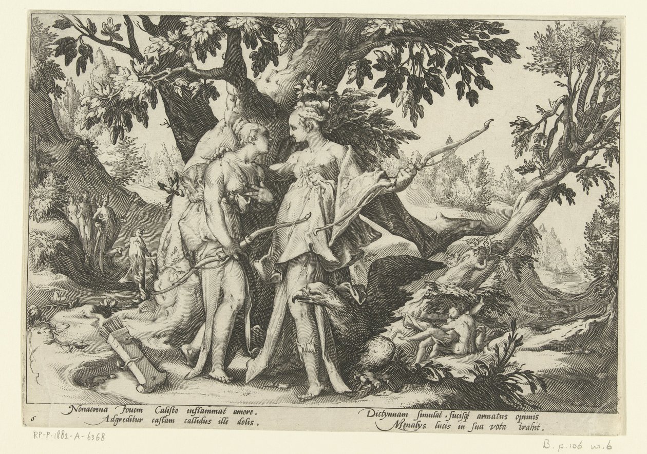 Júpiter seduz Calisto sob o disfarce de Diana Metamorfoses de Ovídio (título da série) de Hendrick Goltzius (workshop of)
