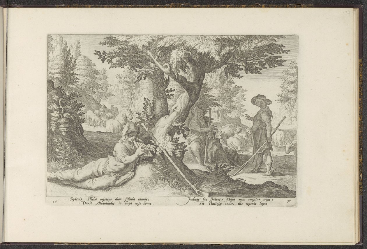 Mercúrio em Battus Metamorfosen de Ovídio (título da série) Herscheppingen van P. Ovidius Naso (título da série) de Hendrick Goltzius (workshop of)