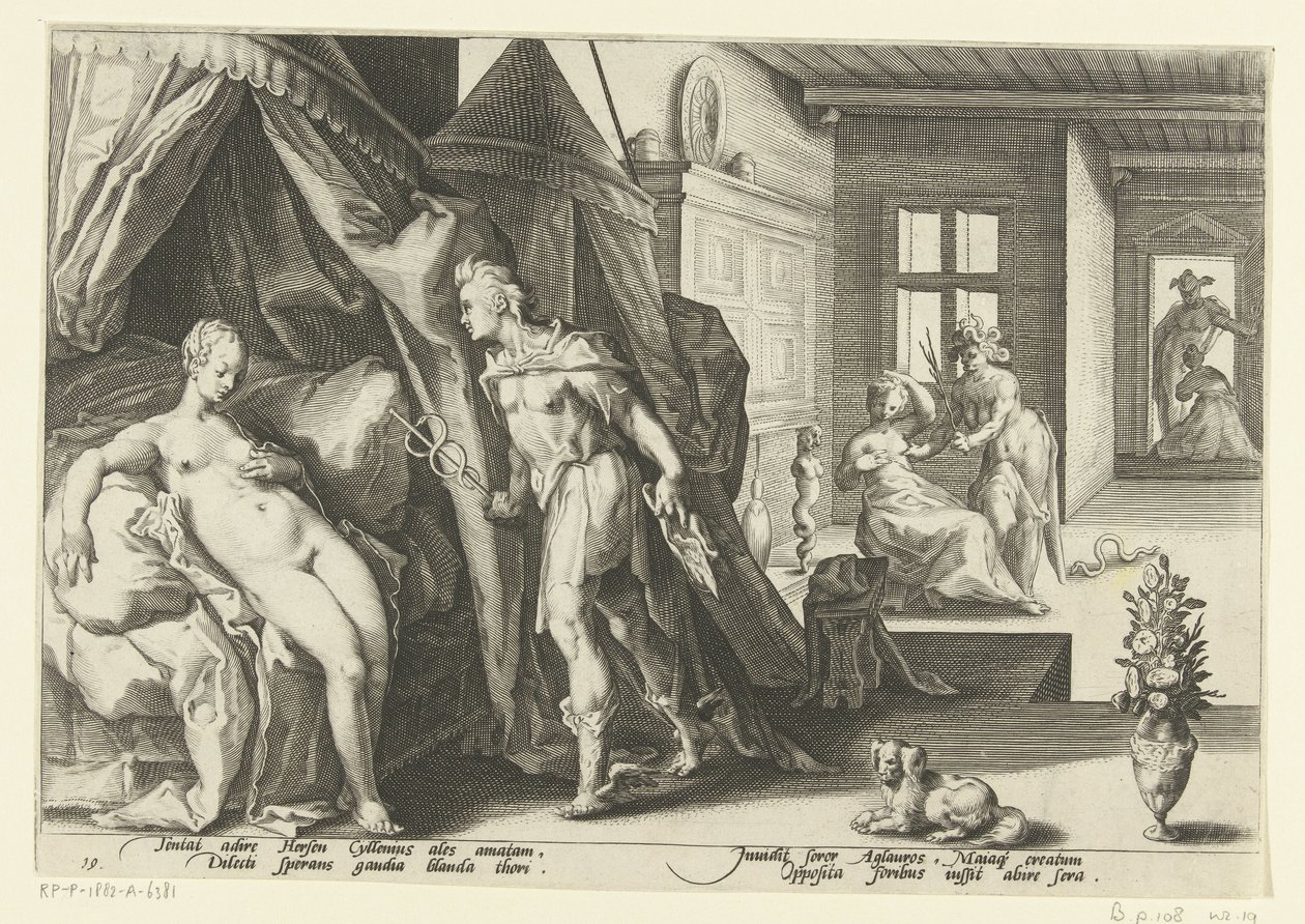 Mercurius na câmera Herses Metamorfoses de Ovídio (título da série) de Hendrick Goltzius (workshop of)