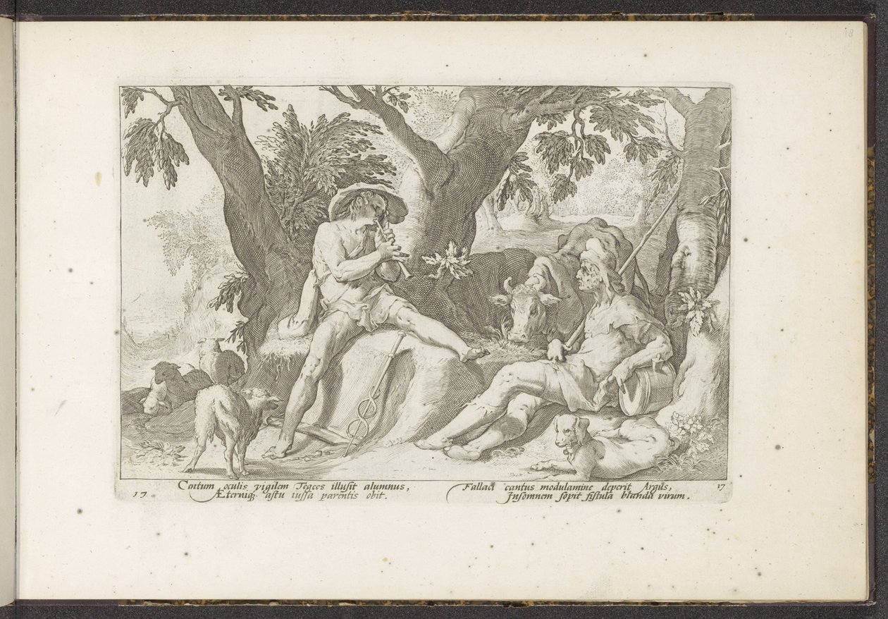 Mercúrio toca flauta para Argus Metamorfoses de Ovídio (título da série) Recriações de P. Ovidius Naso (título da série) de Hendrick Goltzius (workshop of)