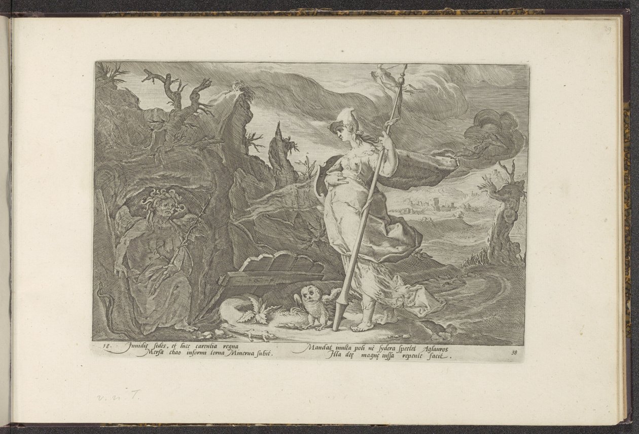 Minerva pede inveja para acender ciúmes em Aglauros
Metamorfoses de Ovid (título da série)
Recriações de P. Ovidius Naso (título da série) de Hendrick Goltzius (workshop of)