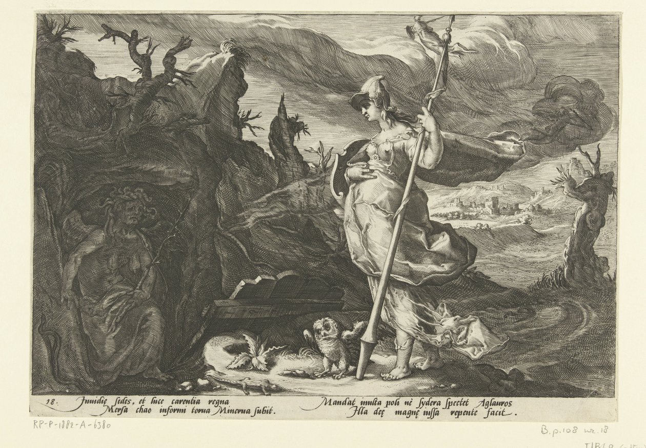 Minerva pede inveja para acender ciúmes em Aglauros
Metamorfoses de Ovid (título da série) de Hendrick Goltzius (workshop of)