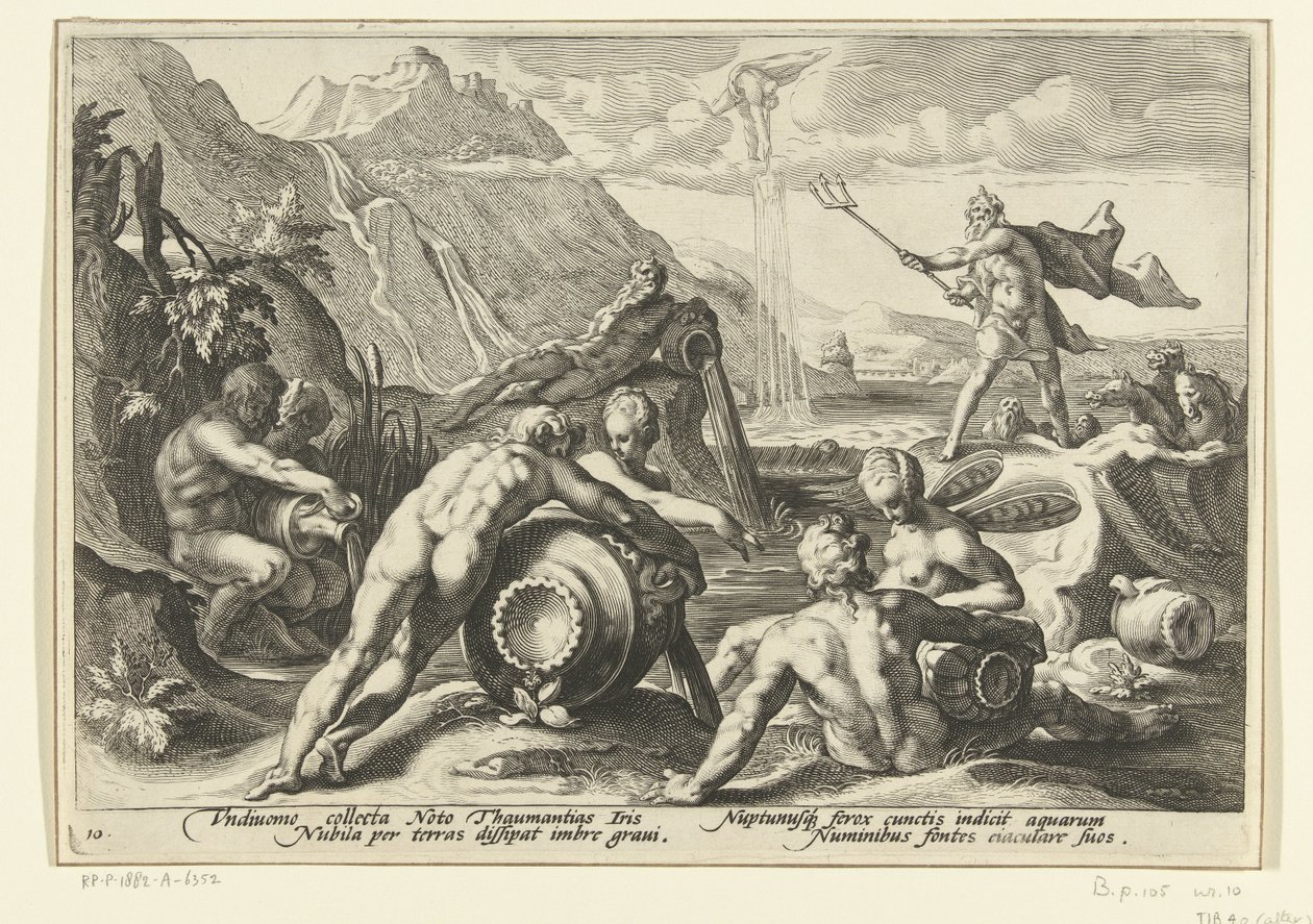 Netuno e os deuses do rio causam uma inundação Metamorfoses de Ovídio (título da série) de Hendrick Goltzius (workshop of)