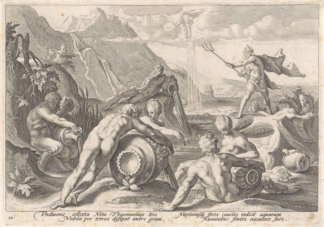 Netuno ordena que os deuses do rio causem uma inundação Metamorfoses de Ovídio (título da série) de Hendrick Goltzius (workshop of)