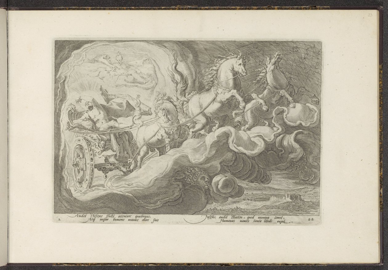 Phaethon monta a carruagem de seu pai Metamorfoses de Ovídio (título da série) Recriações de P. Ovidius Naso (título da série) de Hendrick Goltzius (workshop of)