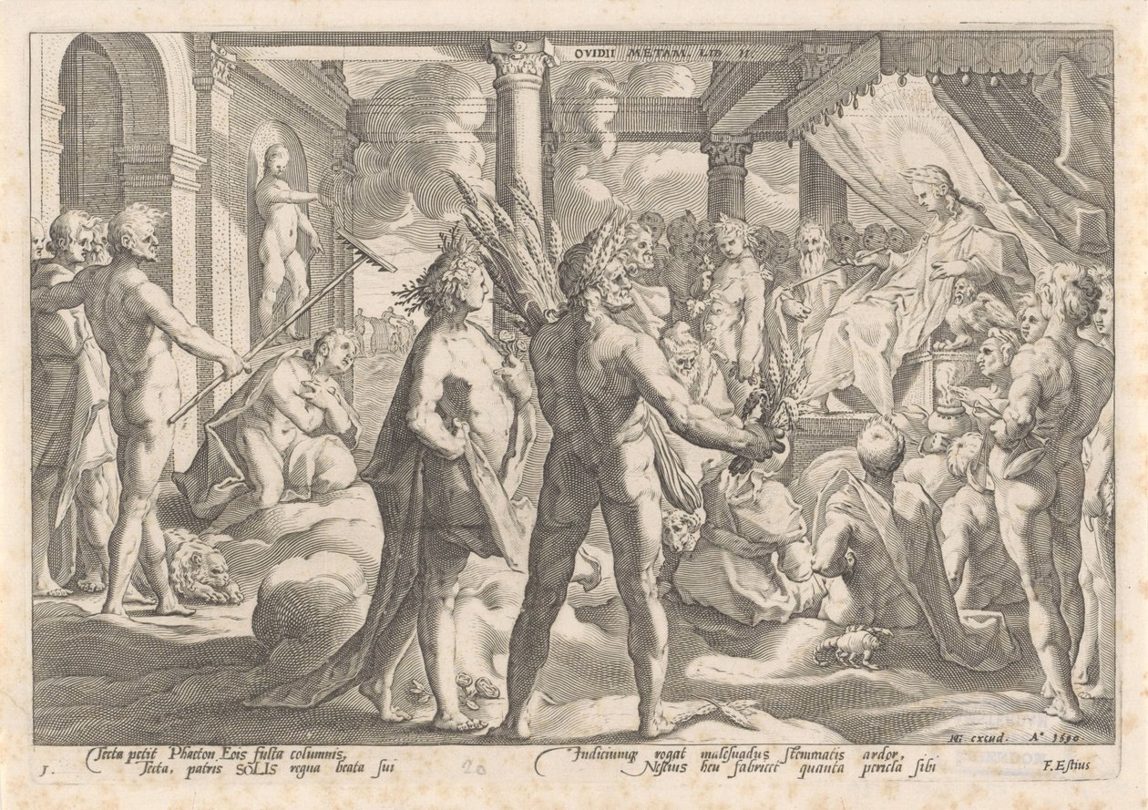 Phaëthon pergunta a Apollo se ele pode montar na sua carruagem
Metamorfoses por Ovid (título da série) de Hendrick Goltzius (workshop of)