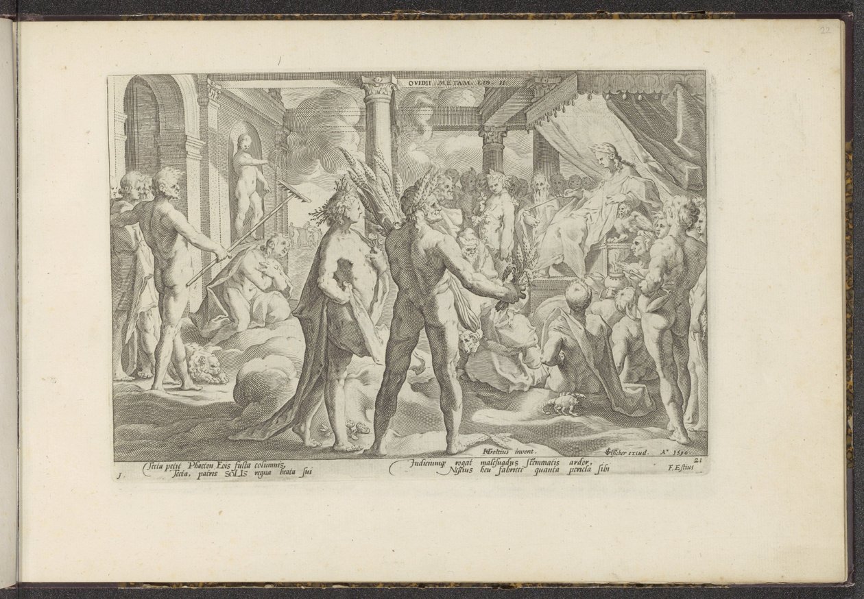 Phaeton no palácio de Helios
Ovidii Metam. Lib. II (título sobre o objecto)
Metamorfoses de Ovid (título da série)
Recriações de P. Ovidius Naso (título da série) de Hendrick Goltzius (workshop of)