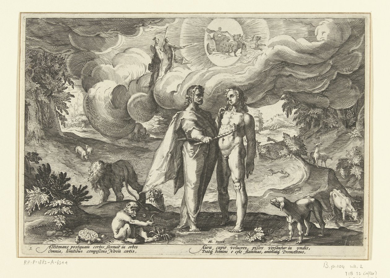 Prometeu dá fogo ao homem Metamorfoses de Ovídio (título da série) de Hendrick Goltzius (workshop of)