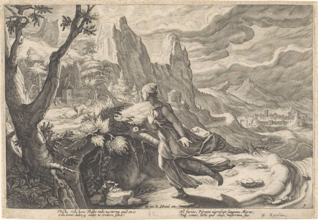 Thisbe foge da leoa Metamorfoses de Ovídio (título da série) de Hendrick Goltzius (workshop of)
