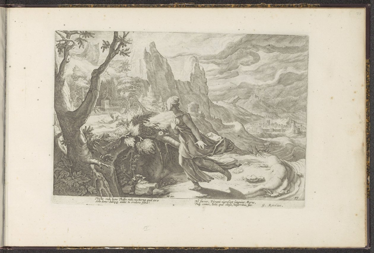 Thisbe foge de um leão Metamorfoses de Ovídio (título da série) Recriações de P. Ovidius Naso (título da série) de Hendrick Goltzius (workshop of)