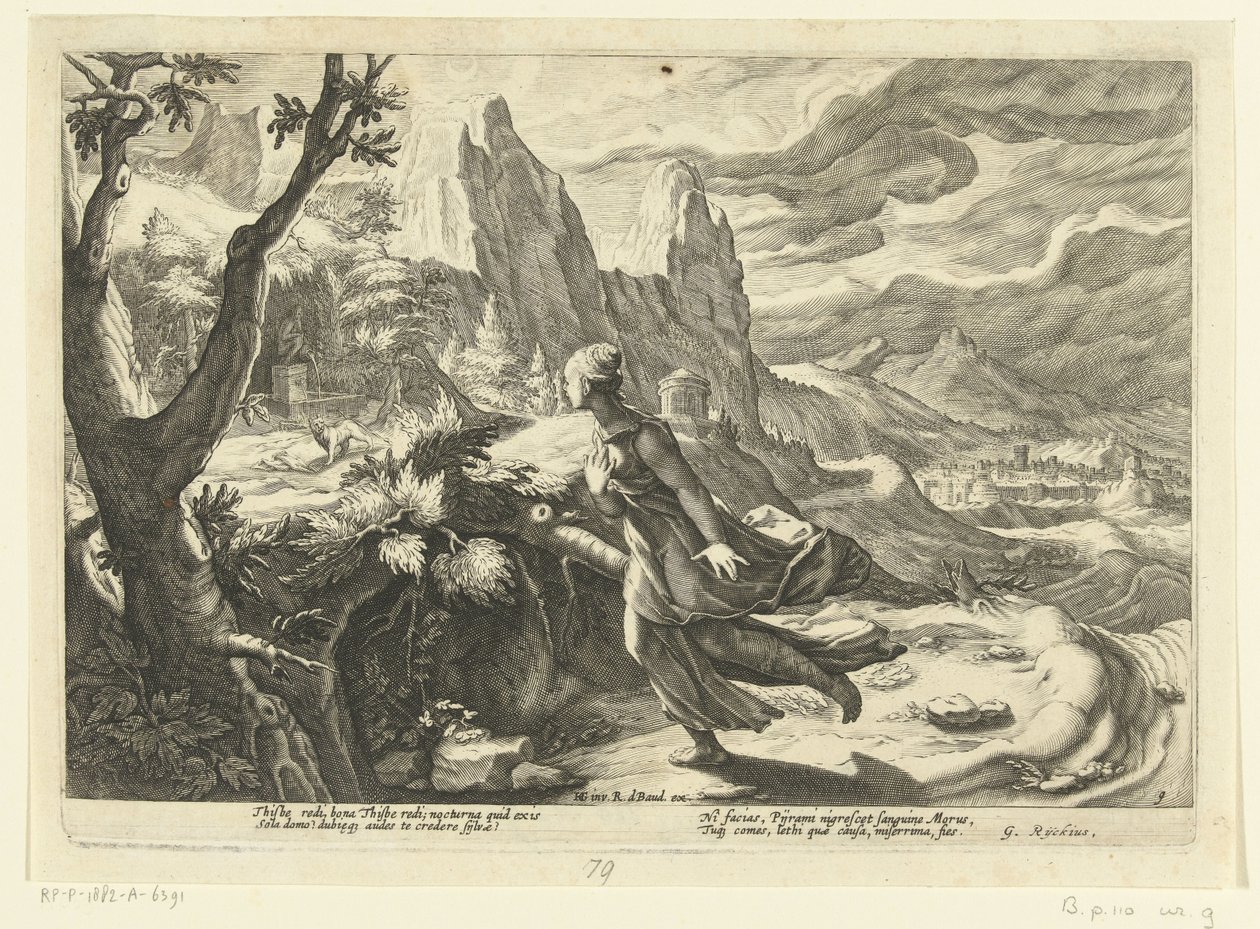 Thisbe foge de um leão Metamorfoses de Ovídio (título da série) de Hendrick Goltzius (workshop of)