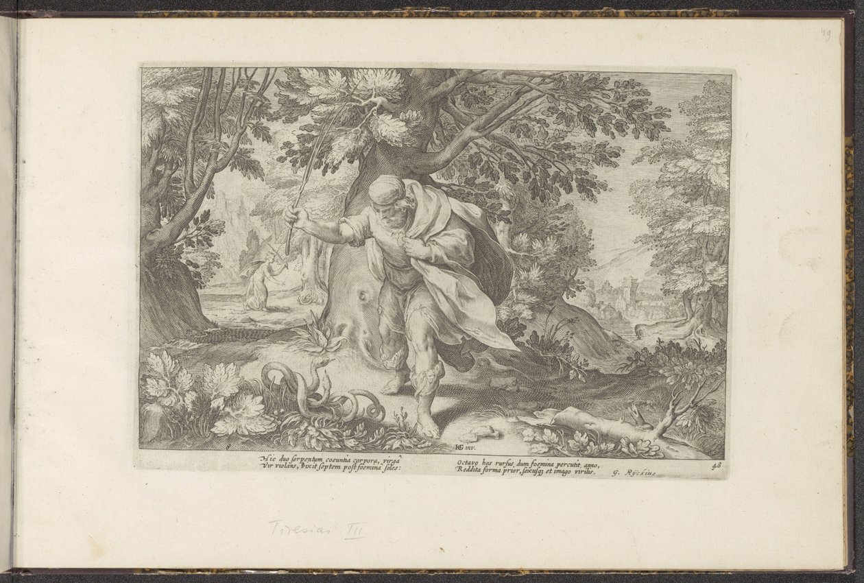 Tiiresias ataca duas cobras em acasalamento Metamorfoses de Ovídio (título da série) Recriações de P. Ovidius Naso (título da série) de Hendrick Goltzius (workshop of)