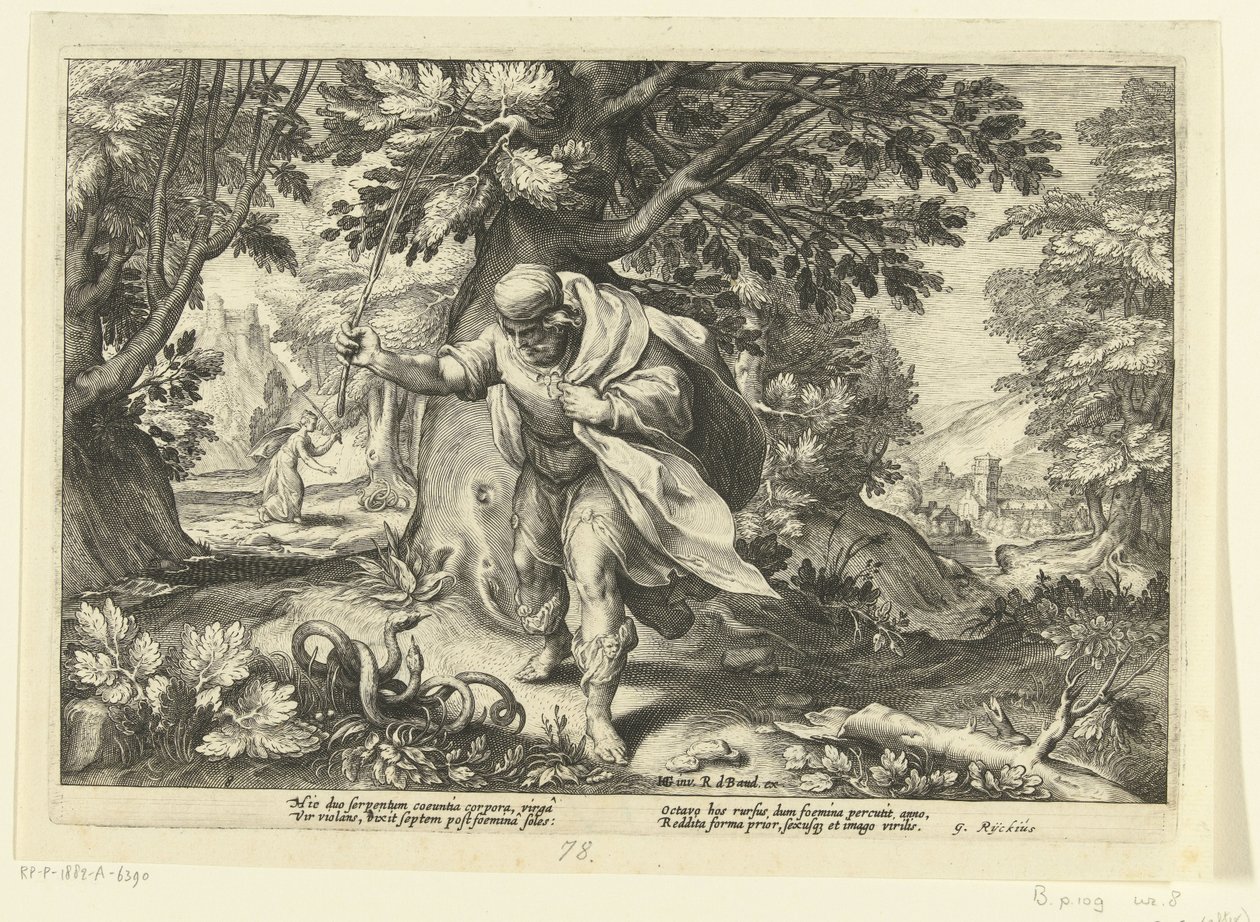 Tiresias ataca duas cobras em acasalamento Metamorfoses de Ovídio (título da série) de Hendrick Goltzius (workshop of)