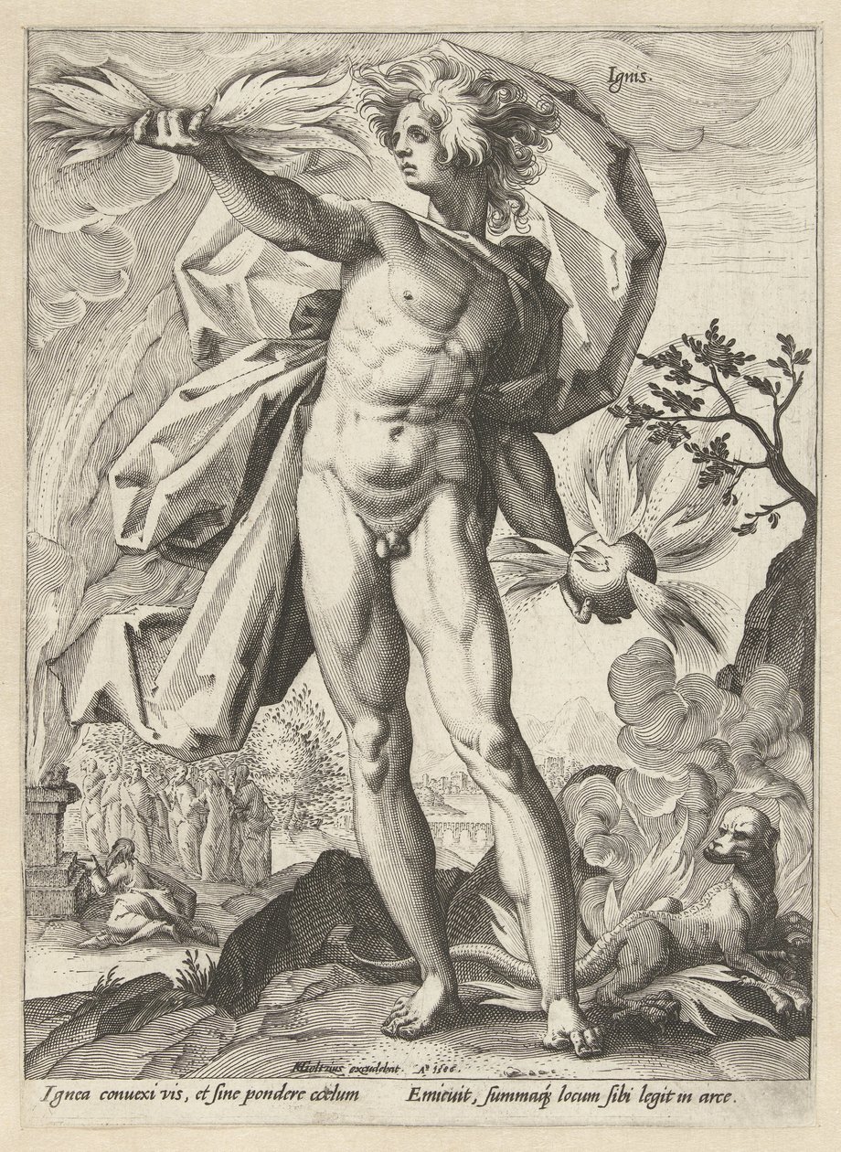 Fogo de artifício Ignis (título no objeto) Os Quatro Elementos (título da série) de Hendrick Goltzius (workshop of)
