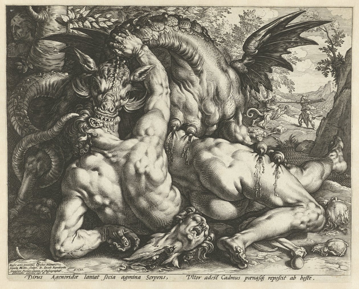 Um dragão devorando os companheiros do Cadmus
Companheiros de Cadmus devorados por um dragão de Hendrick Goltzius