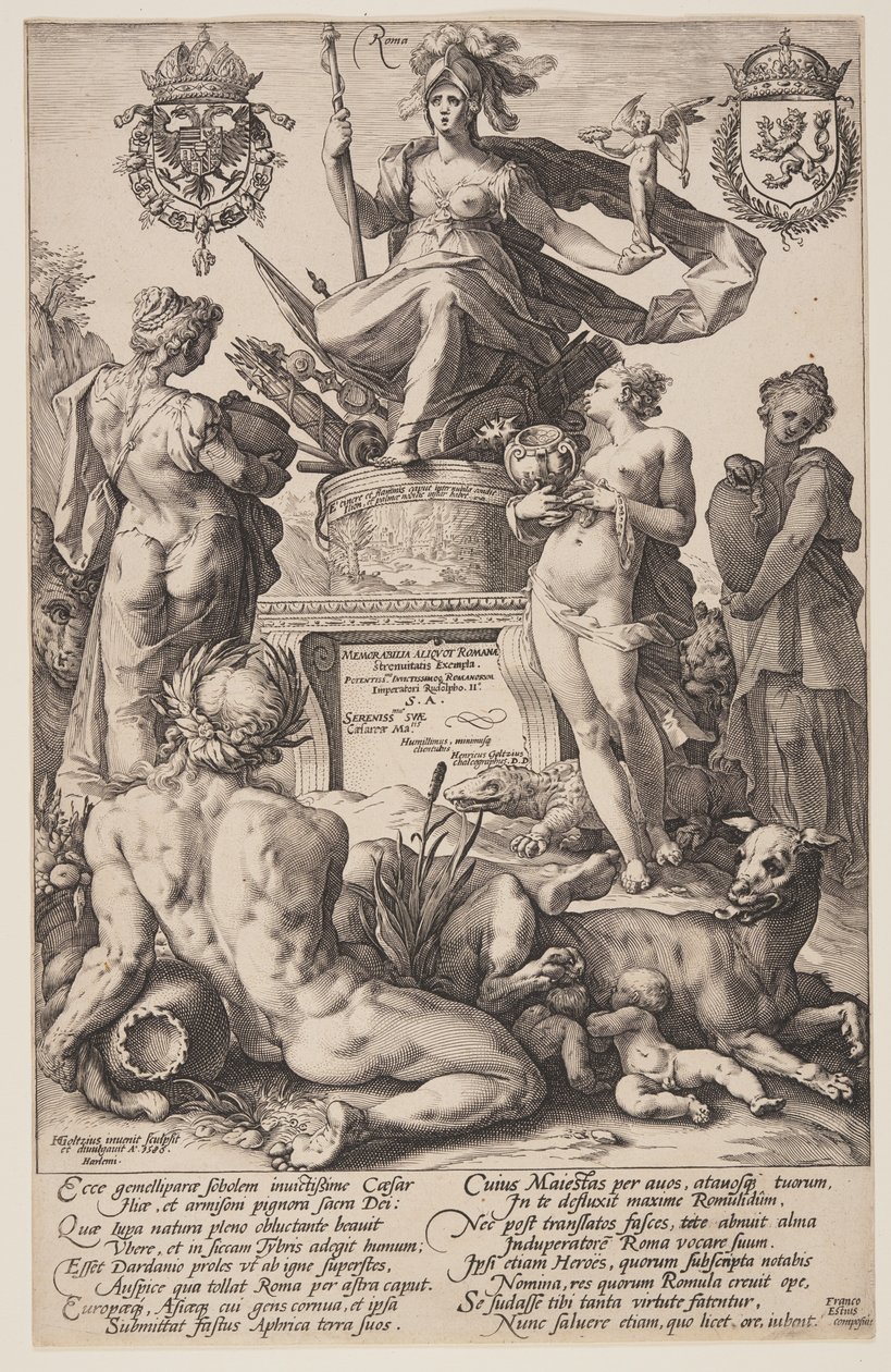 Alegoria de Roma, placa de título de Os heróis romanos de Hendrick Goltzius