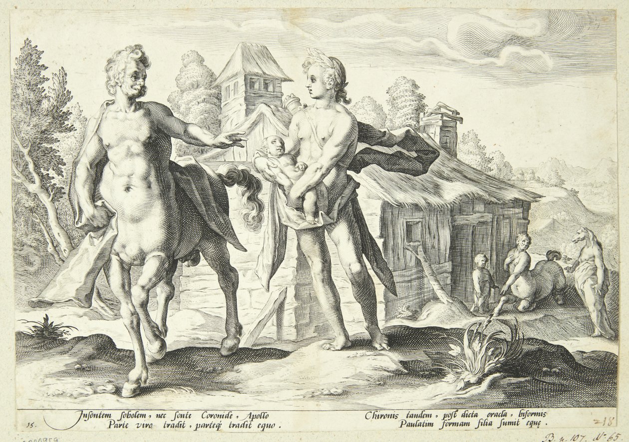 Apollo confia a Cheiron o treinamento de Asklepios de Hendrick Goltzius
