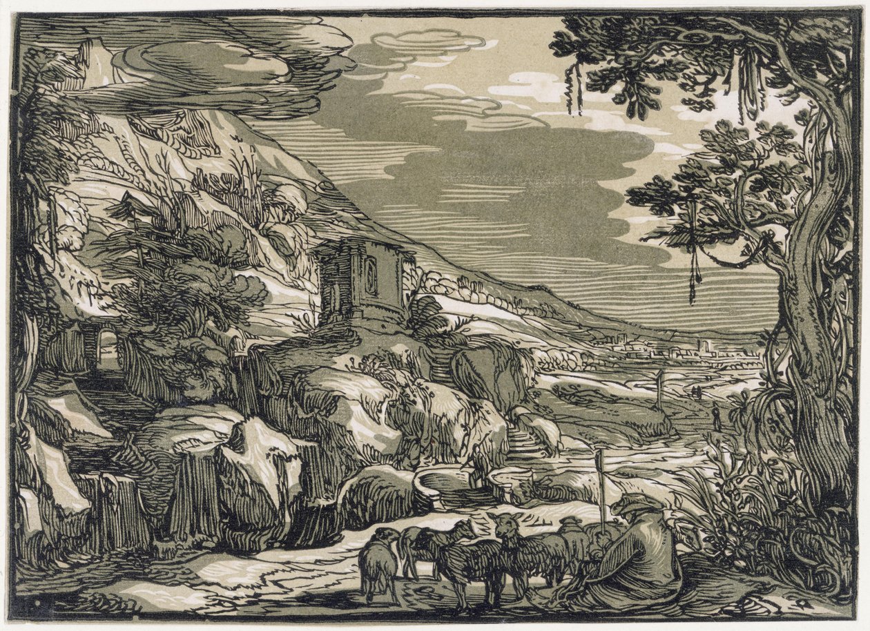 Paisagem arcádica com um pastor de Hendrick Goltzius