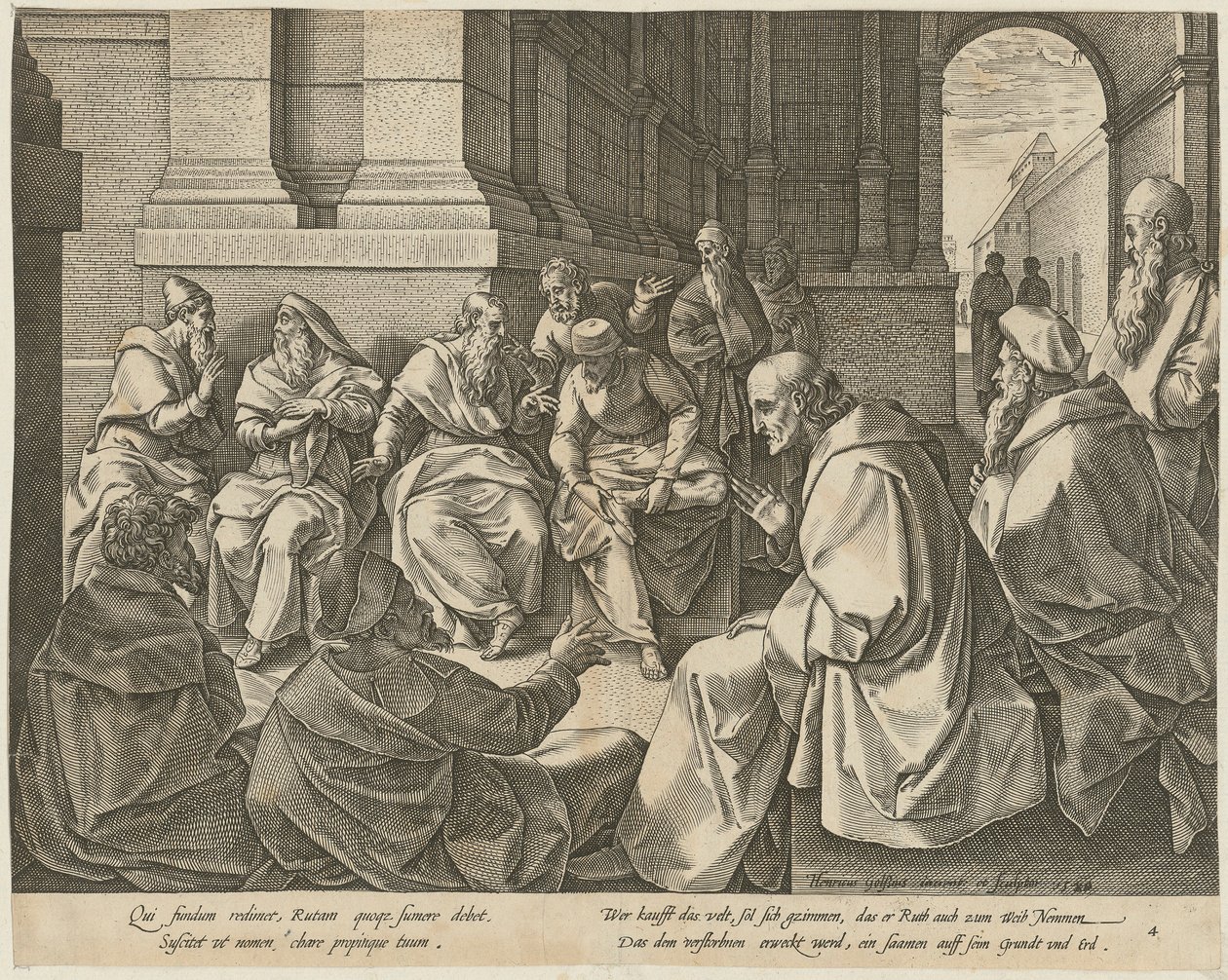 Boas com os dez anciãos, página 4 da série «A História de Rute» de Hendrick Goltzius