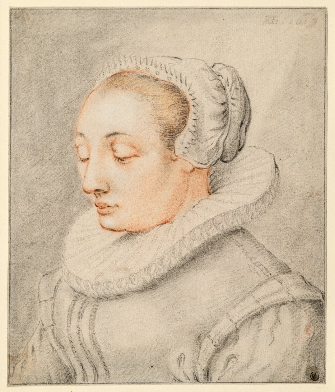 Retrato de meio corpo de uma jovem com touca de Hendrick Goltzius