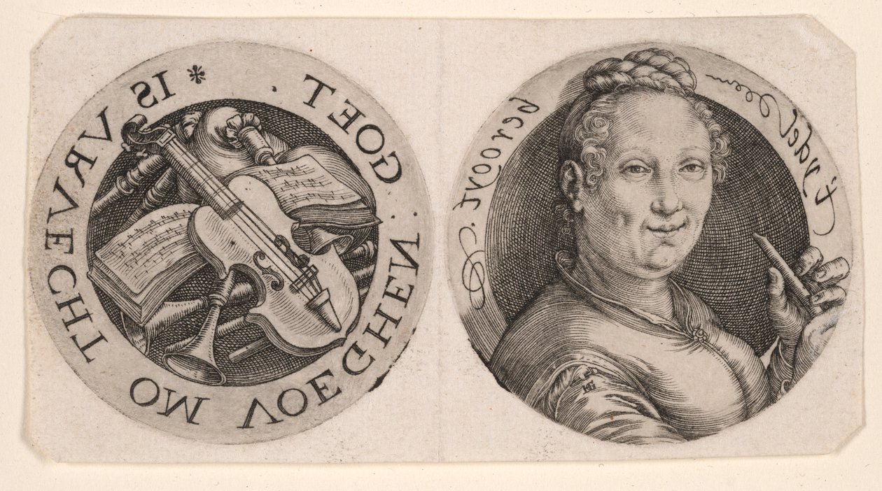 Busto de uma mulher segurando uma flauta e instrumentos musicais, numa folha de Hendrick Goltzius
