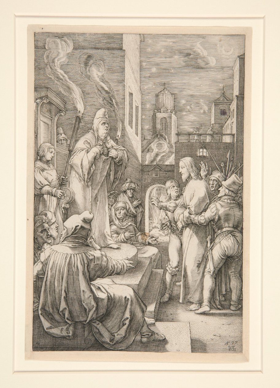 Cristo perante Caifás, prancha 4 da série A Paixão de Cristo de Hendrick Goltzius