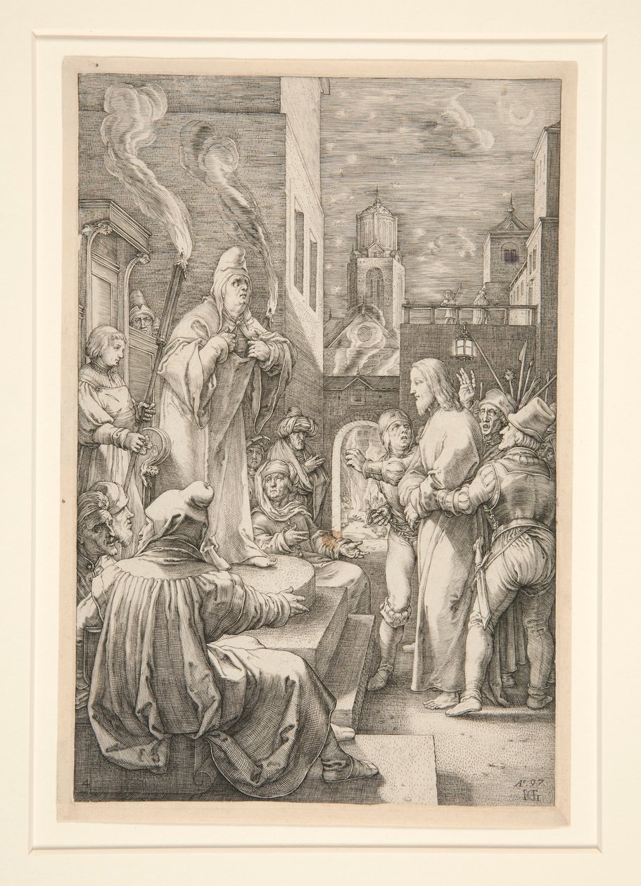 Cristo diante de Caifás, de A Paixão, nº 4 de uma série de 12 gravuras de Hendrick Goltzius