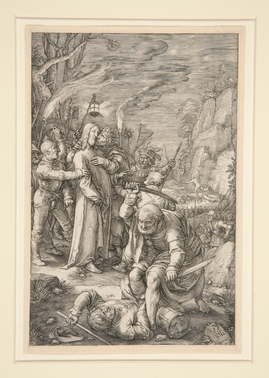Cristo levado cativo (a Traição de Cristo), de The Passion, #3 numa série de 12 gravuras de Hendrick Goltzius
