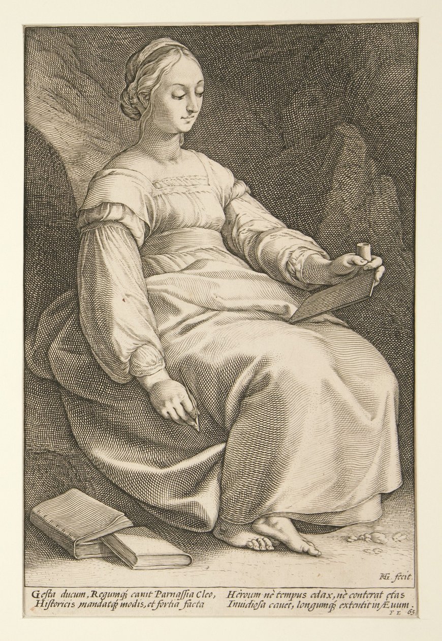 Clio, gravura n.º 4 da série «As Nove Musas» de Hendrick Goltzius