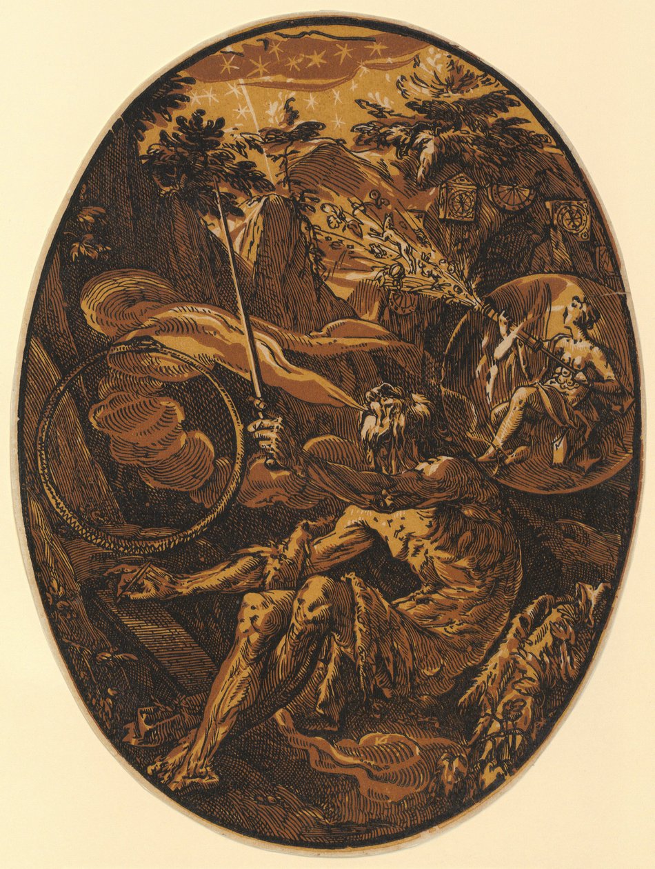 Demogorgon na gruta da eternidade, prancha 1 da série «Demogorgon e os seres divinos» de Hendrick Goltzius