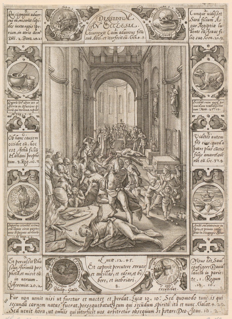 «Dissidium in Ecclesia», folha 8 da série «Alegorias da fé cristã» de Hendrick Goltzius