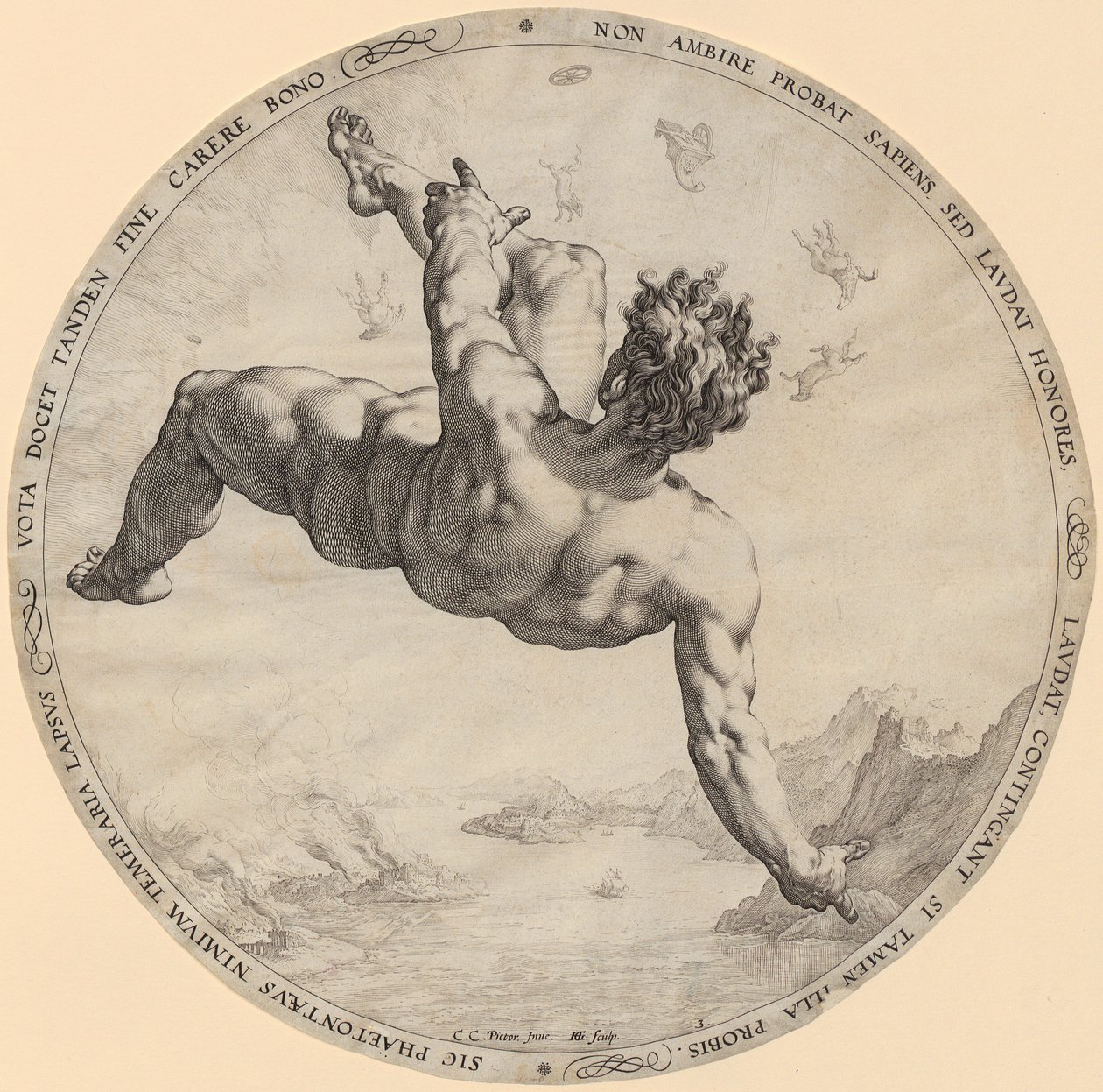 A Queda de Phaeton, página 3 da série «Os Quatro Conquistadores do Céu» de Hendrick Goltzius