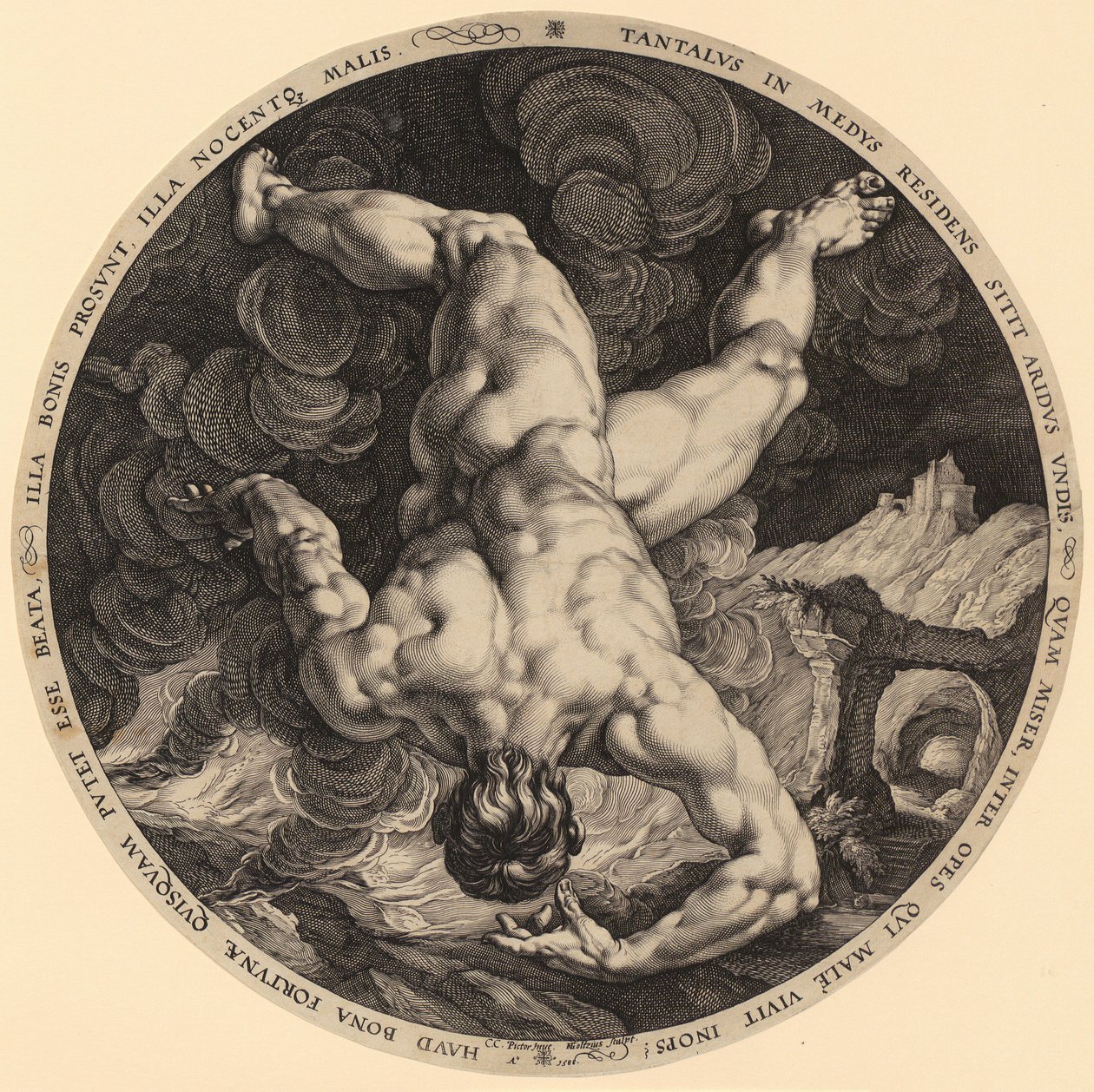 Queda de Tântalo, prancha 1 da série «Os quatro assaltantes do céu» de Hendrick Goltzius
