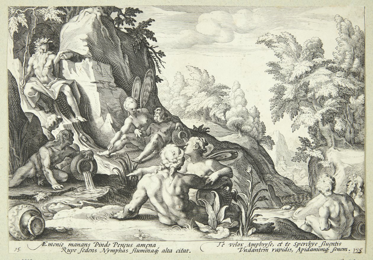 O deus do rio Peneu cercado por outras figuras divinas de Hendrick Goltzius