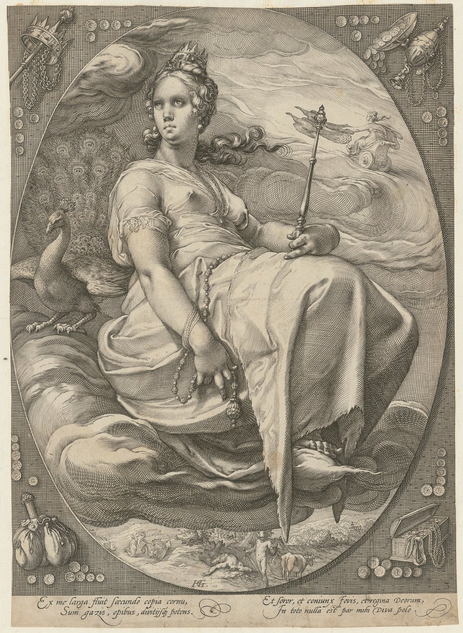 Juno, prancha 3 da série «Três deusas» de Hendrick Goltzius