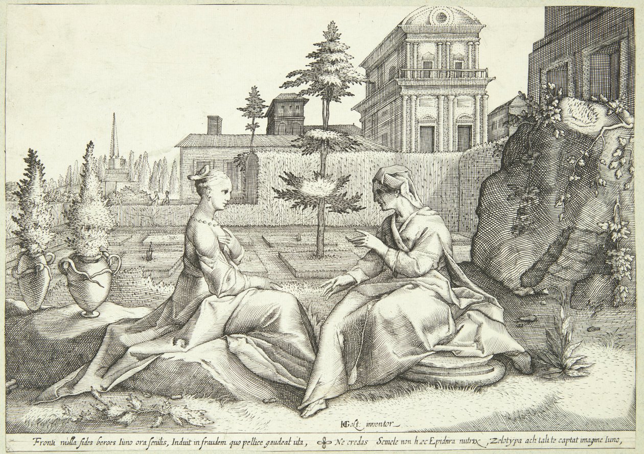 Juno disfarçado de Beroë avisa Semele de Hendrick Goltzius