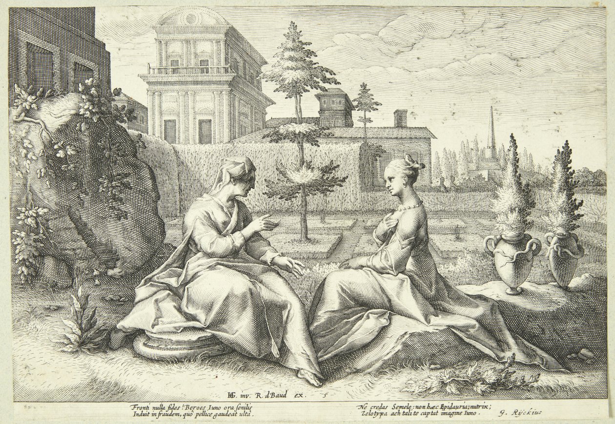 Juno disfarçado de Beroë avisa Semele de Hendrick Goltzius
