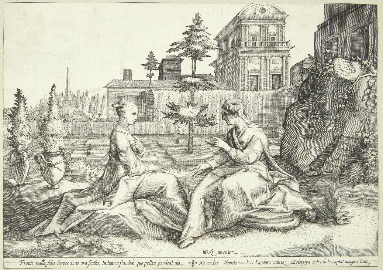 Juno disfarçado de Beroë avisa Semele de Hendrick Goltzius