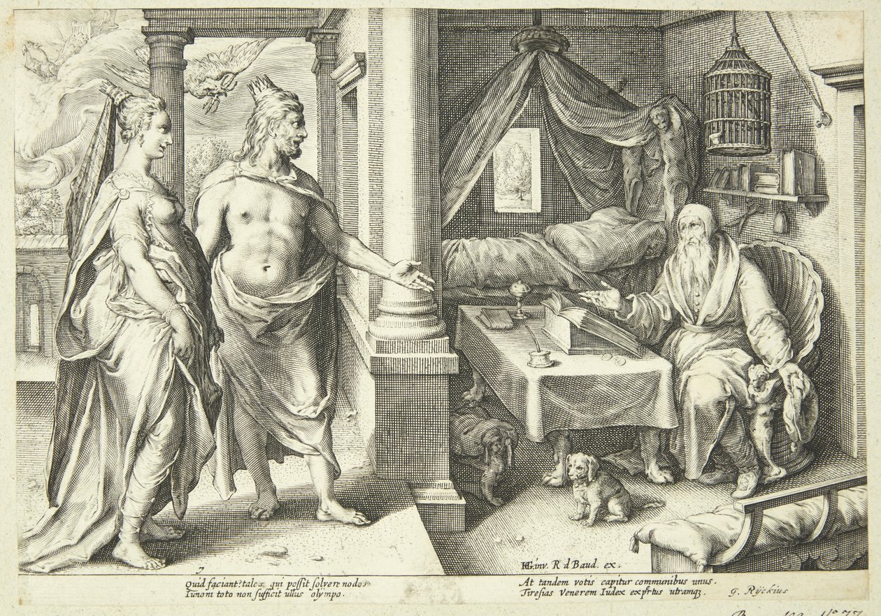 Júpiter e Juno consultam Tirésias de Hendrick Goltzius