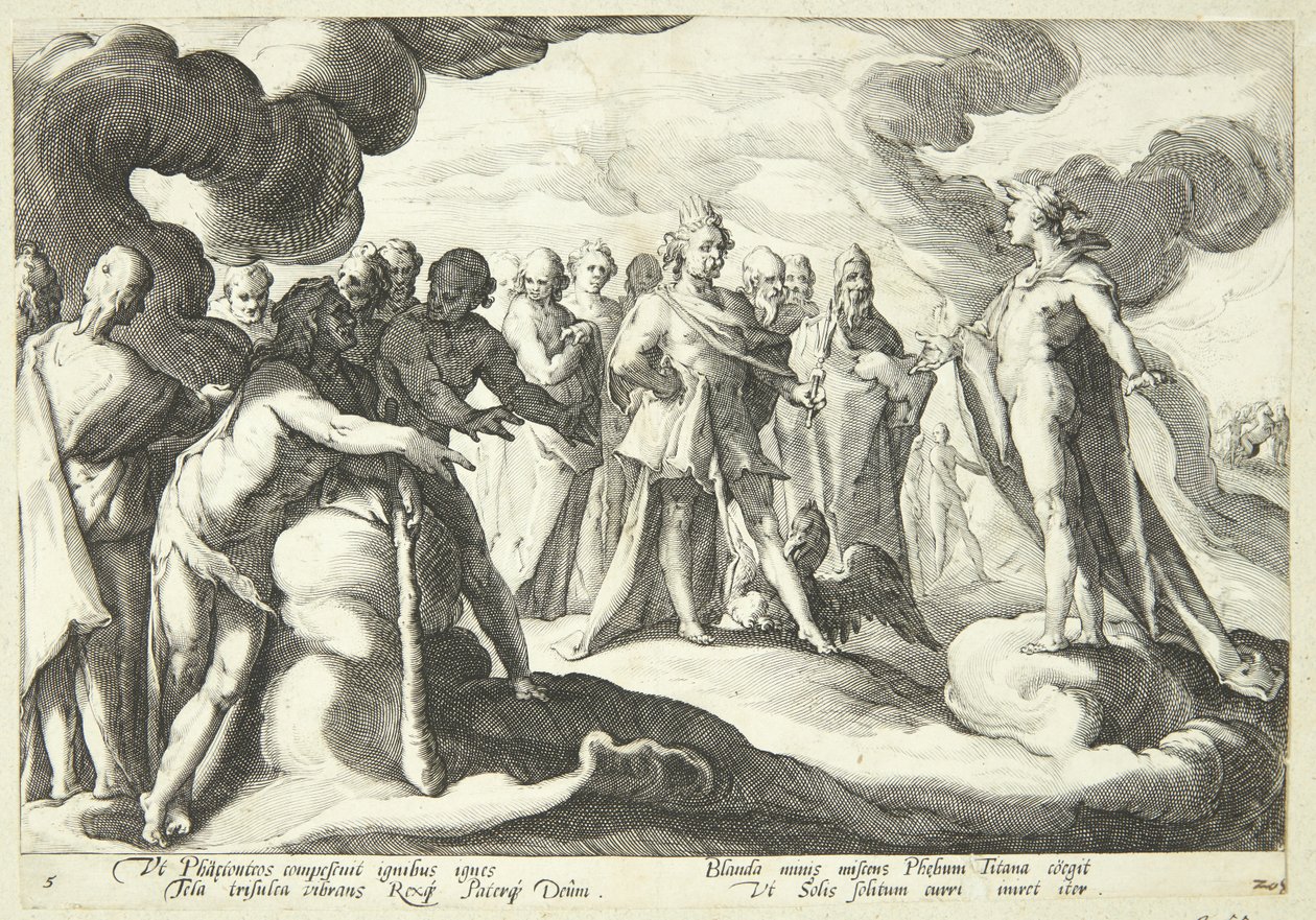 Júpiter e os deuses pedem a Helios para retomar o controle da carruagem do sol de Hendrick Goltzius