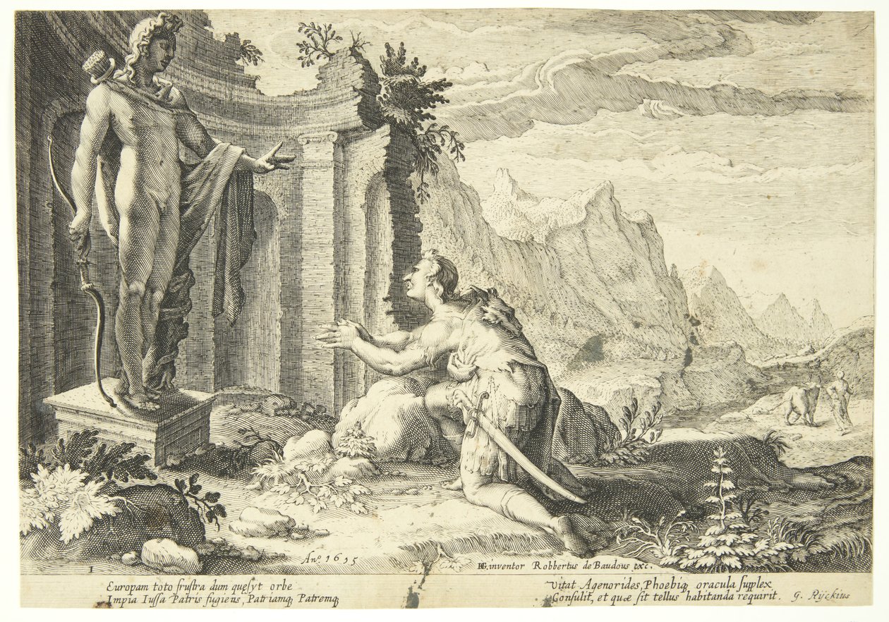 Kadmos pergunta ao oráculo de Delfos onde pode encontrar sua irmã Europa de Hendrick Goltzius