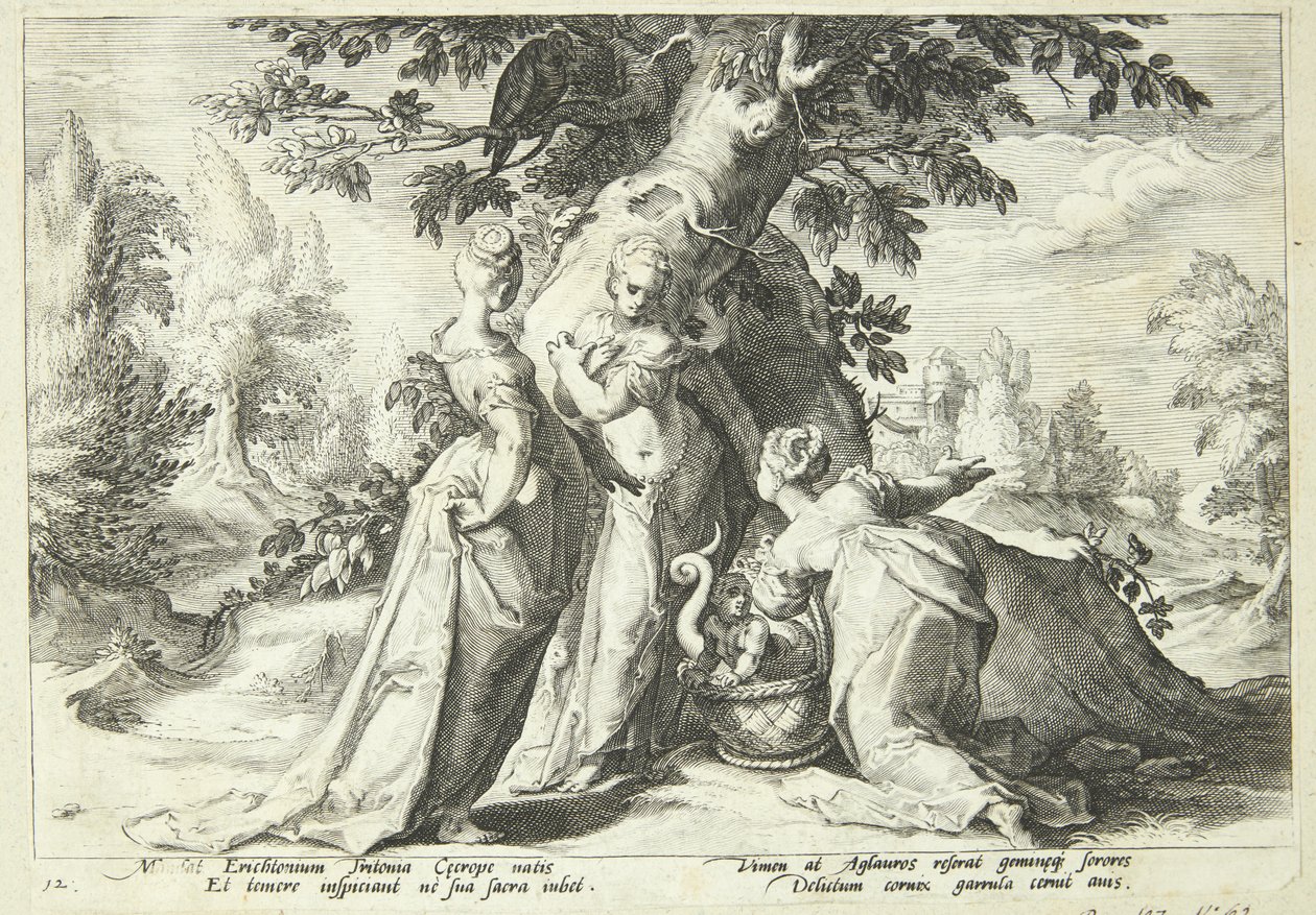 As filhas de Kekrop abrem a cesta que lhes foi confiada por Minerva de Hendrick Goltzius