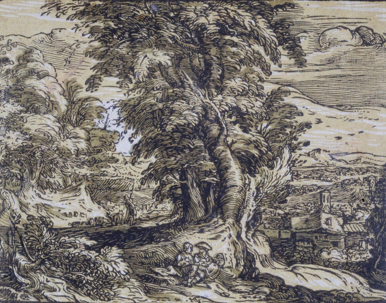 Paisagem com árvores e um casal de pastores de Hendrick Goltzius