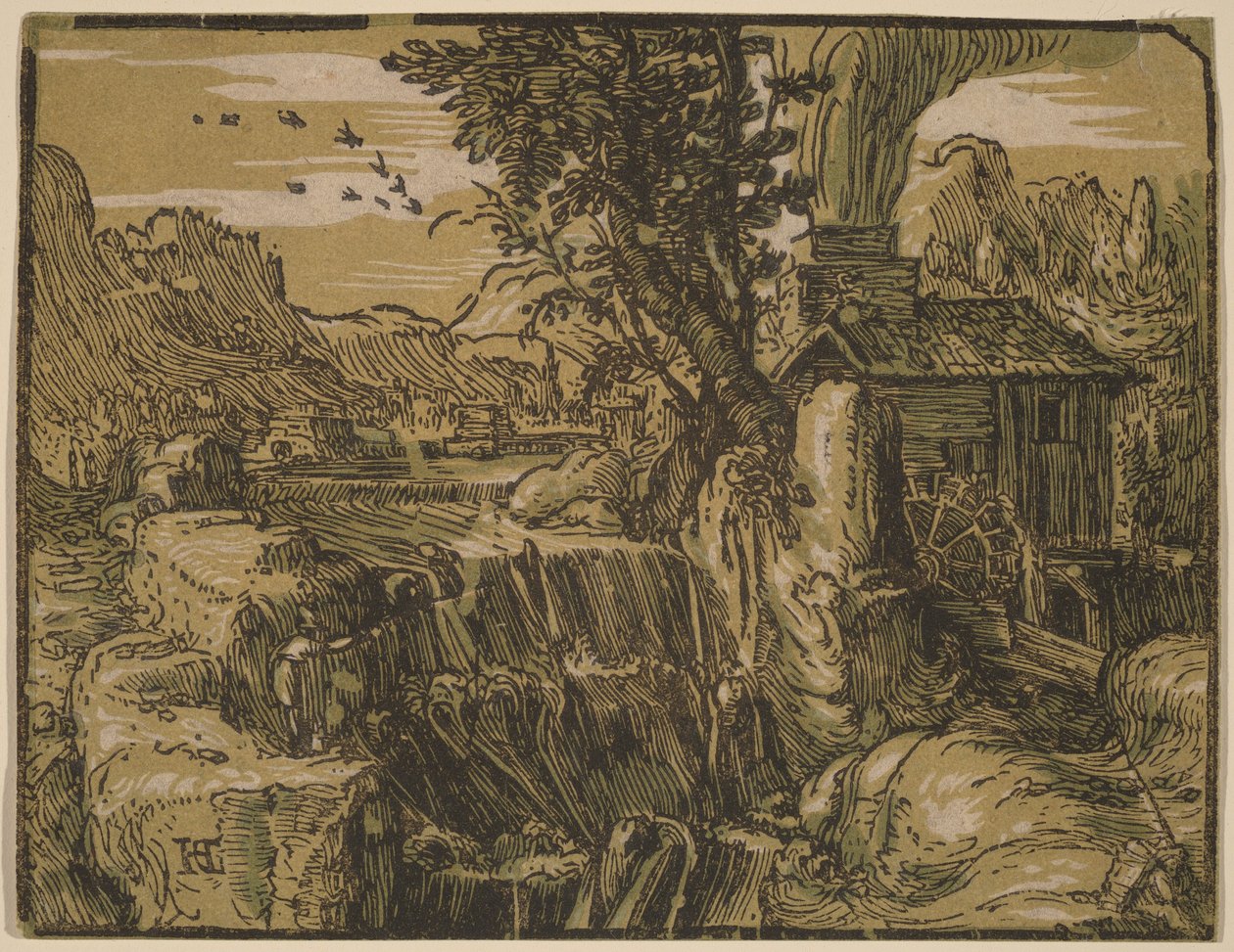 Paisagem com cascata de Hendrick Goltzius