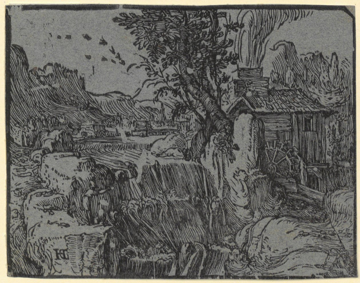 Paisagem com cascata e moinho, prancha 1 da série «Quatro pequenas paisagens» de Hendrick Goltzius