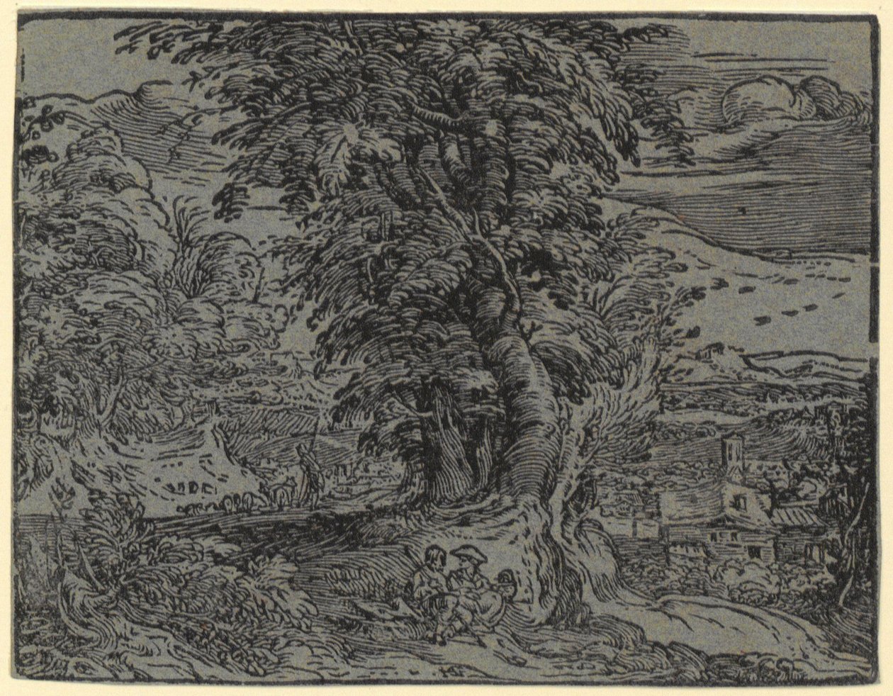 Paisagem com casal sentado e pastor, prancha 2 da série «Quatro pequenas paisagens» de Hendrick Goltzius