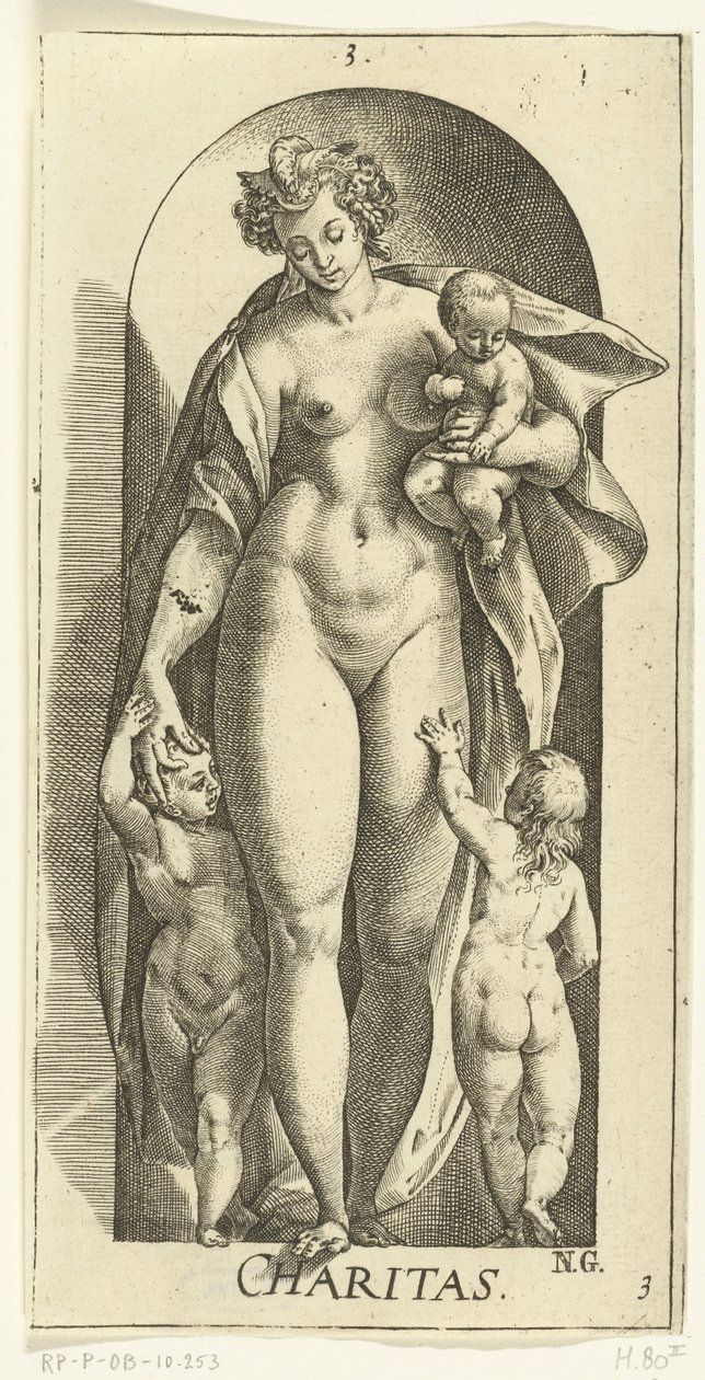 Amor
Caridade (título sobre o objecto)
As sete virtudes (título da série) de Hendrick Goltzius