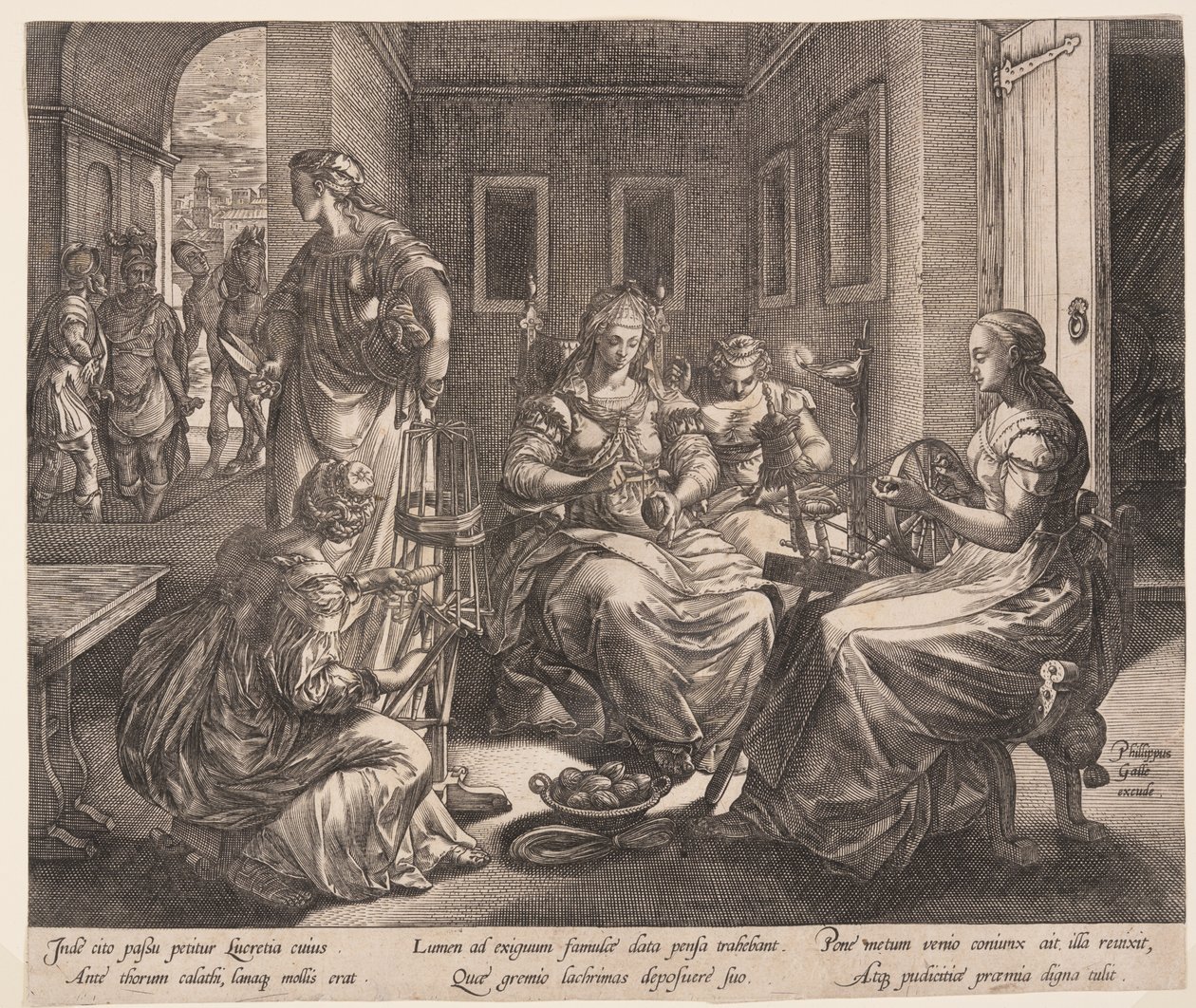 Lucretia e as suas mulheres a fiar, de A História de Lucretia de Hendrick Goltzius