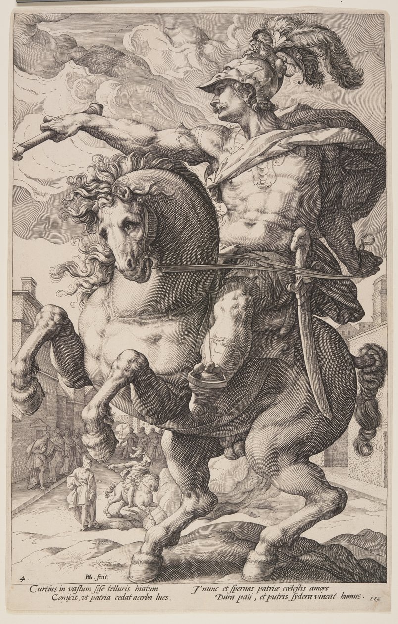 Marcus Curtius a cavalo, de Os heróis romanos de Hendrick Goltzius
